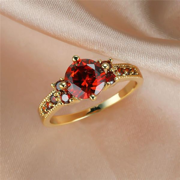 

wedding rings vintage female red crystal stone ring charm gold color thin for women luxury round zircon engagement, Slivery;golden