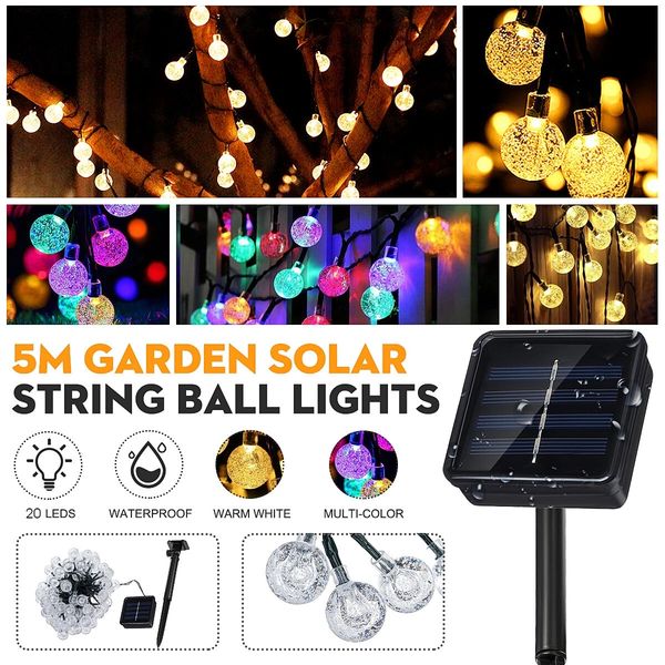 

20 leds solar string ball lights garden decor lamp outdoor waterproof warm white / multi-color light