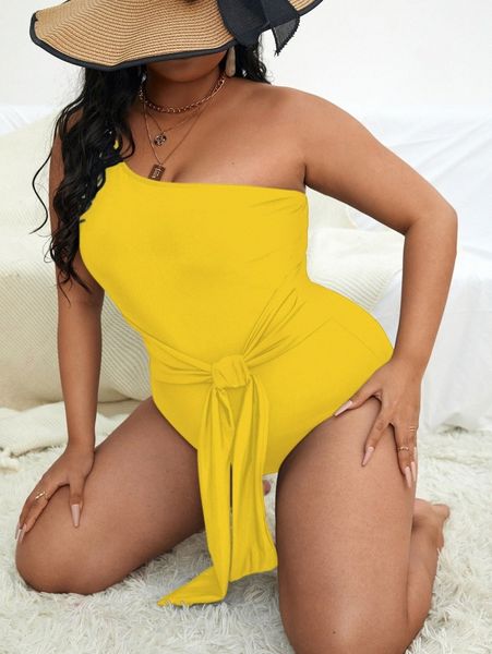

plus solid knot one shoulder one piece swimsuit p4zh#, Black