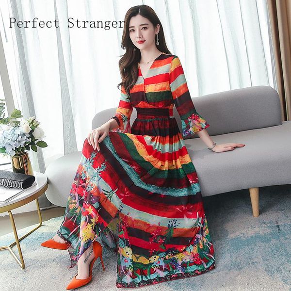 

party dresses 2021 summer arrival bohemian style v collar flare sleeve flower printed women chiffon long dress s-4xl, White;black