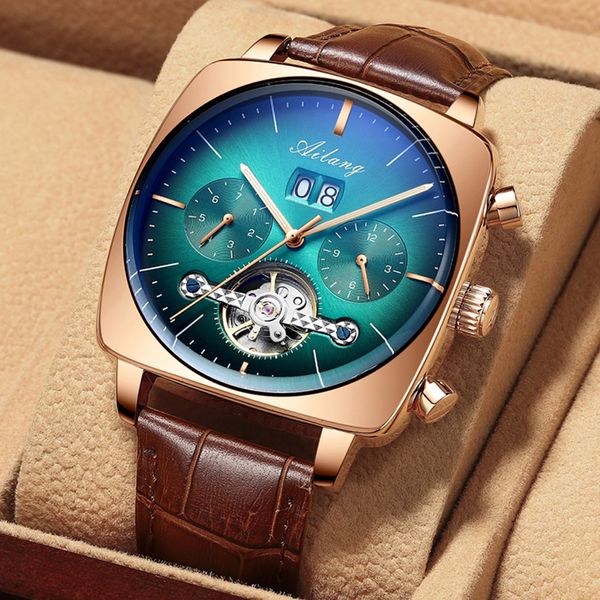 

2021ailang famous brand watch montre automatique luxe chronograph square large dial watch hollow waterproof mens fashion watchesg, Slivery;brown