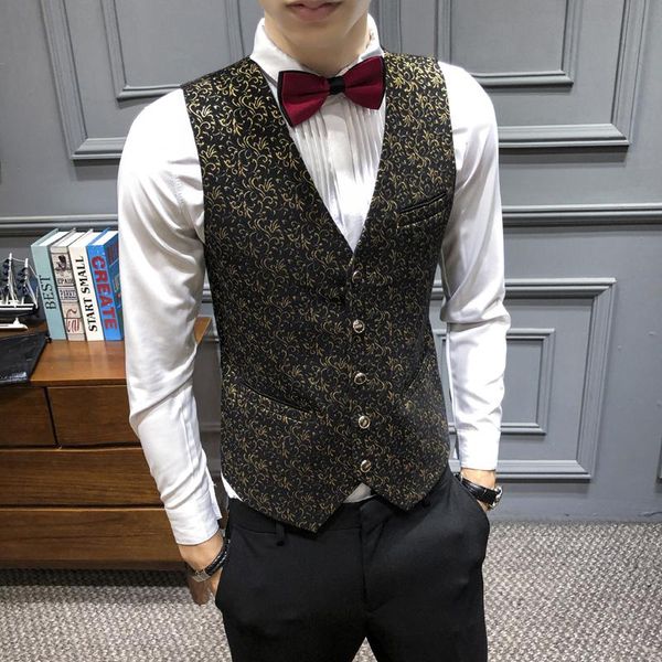 

men's vests gold jacquard slim-fit vest suit fashion wedding, Black;white