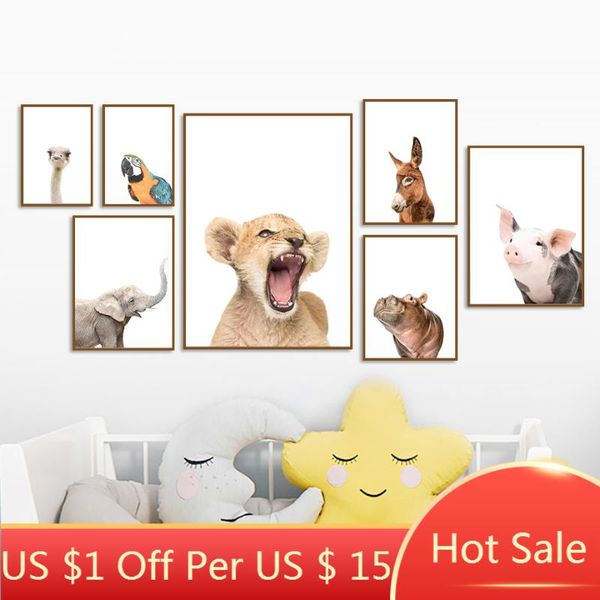 

paintings wall art canvas painting cute lion hippo parrot elephant ostrich pig nordic posters and prints pictures for kids room decor