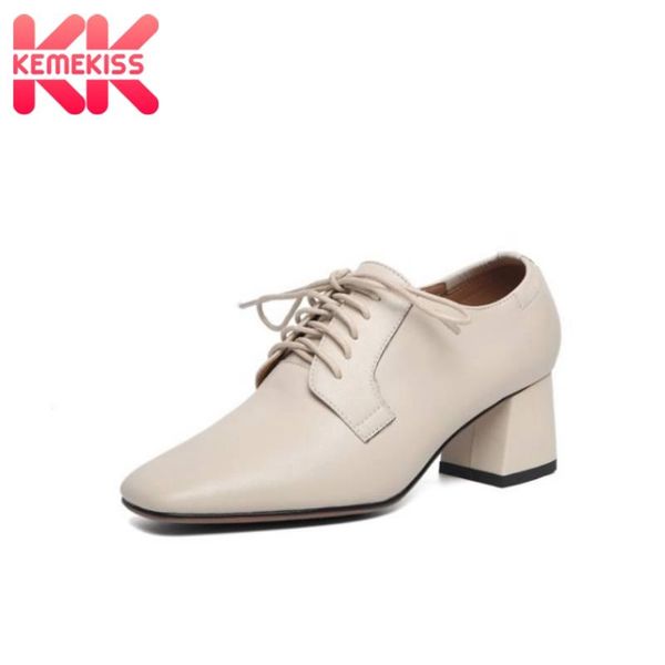 

dress shoes kemekiss women pumps real leather vintage square toe casual high heels lace up daily party footwear size 33-40, Black