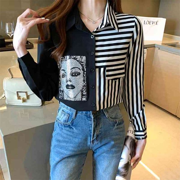 

fashion iron diamonds women blouses spring patchwork striped shirts blouse long sleeve blusas mujer 210730, White