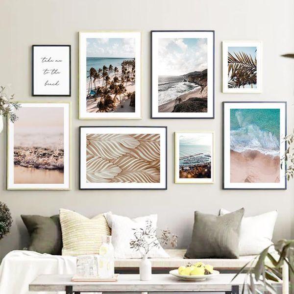 

paintings palm tree leaf sea waves beach coastline wall art canvas painting nordic posters and prints pictures for living room decor