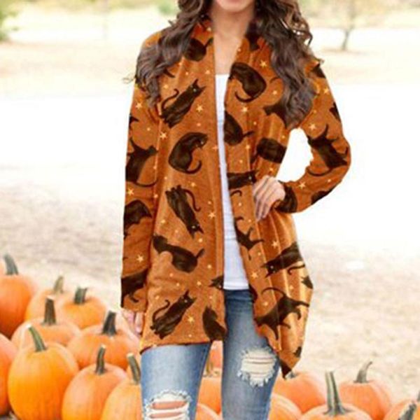 

women's knits & tees women halloween cardigan casual pumpkin animal printing long sleeve coat female autumn winter plus size clothes, White
