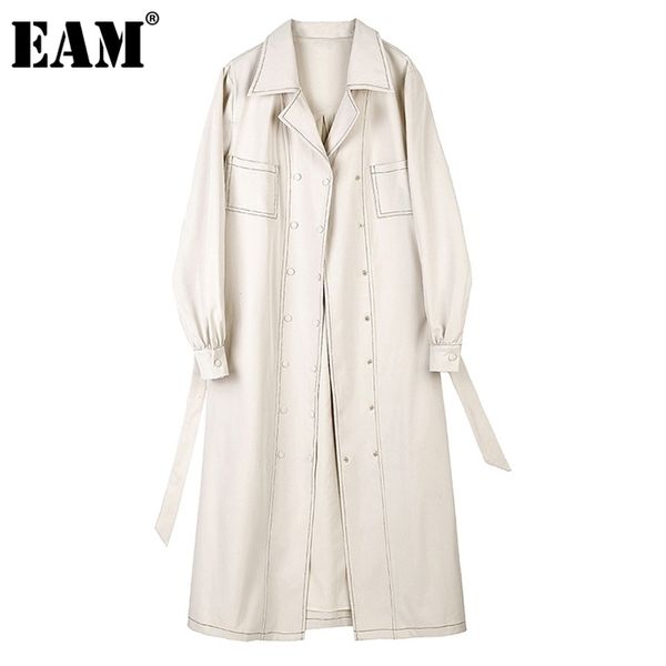 

[eam] women beige belt double breasted long trench lapel sleeve loose windbreaker fashion spring autumn 1dd0762 211021, Tan;black