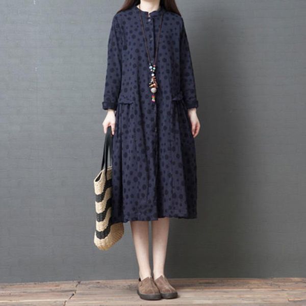 

casual dresses women vintage cotton dress polka dot printed splicing button stand collar long sleeve autumn midi female robe vestidos, Black;gray