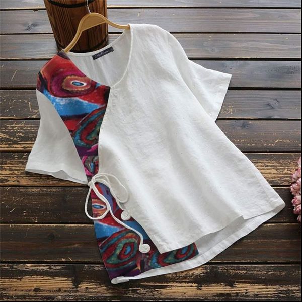 

womens blouses plus size tunic summer shirts zanzea elegant floral blouse casual printed female o neck blusas chemise, White