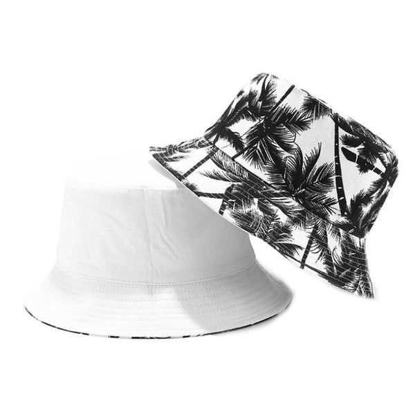 

cloches printing hip hop hat for women men two side reversible coconut tree bucket summer fisherman, Blue;gray