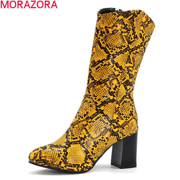 

morazora arrival fashion mid calf boots thick high heels pointed toe ladies shoes autumn winter women boots 210506, Black