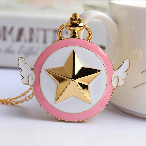 Relógios de bolso japão anime cardcaptor sakura relógio dourado colar estrela asas pingente corrente relógio feminino meninas gift253c