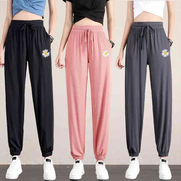 

soft comfort ice silk womens pant black harajuku summer fashion high waist sweatpants loose casual sports trousers, Black;white