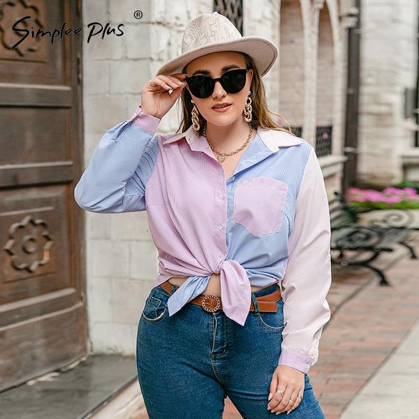

plus size t-shirt simplee color block stripes pocket women shirt oversize high street fashion lady blouse 4xl autumn pink blue, Black