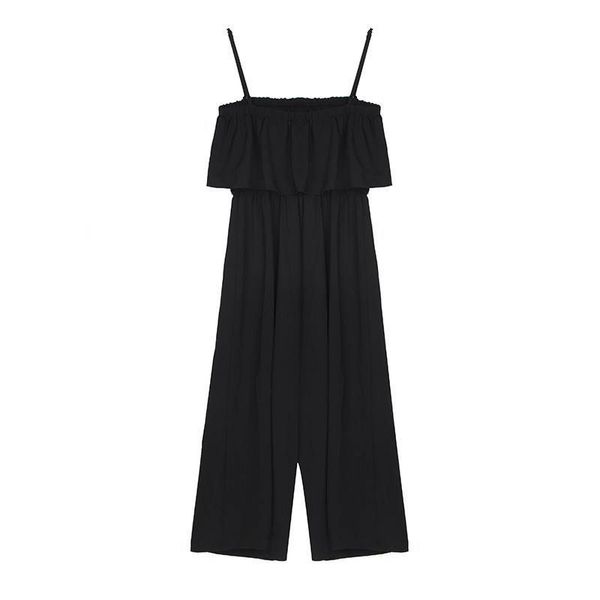 

black blue sleeveless solid long full length jumpsuit ruffle strap summer beach j0032 210514, Black;white