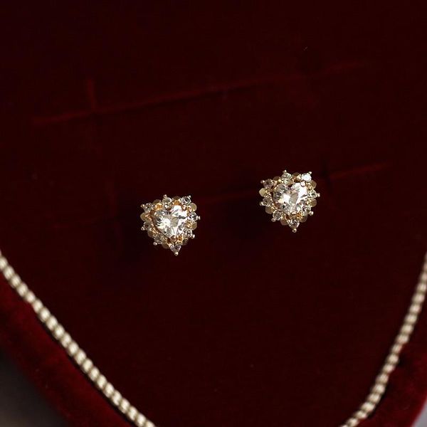 

stud 925 sterling silver japanese simple crystal heart earrings women light luxury temperament plating 14k gold jewelry gift, Golden;silver