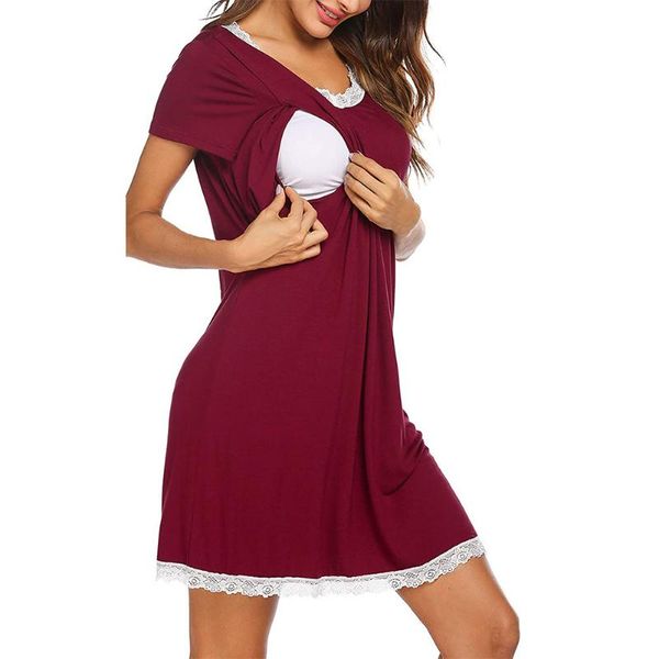 

pregnant women dress short sleeve round neck lace solid color nursing casual home clothes pajamas maternity dresses, White