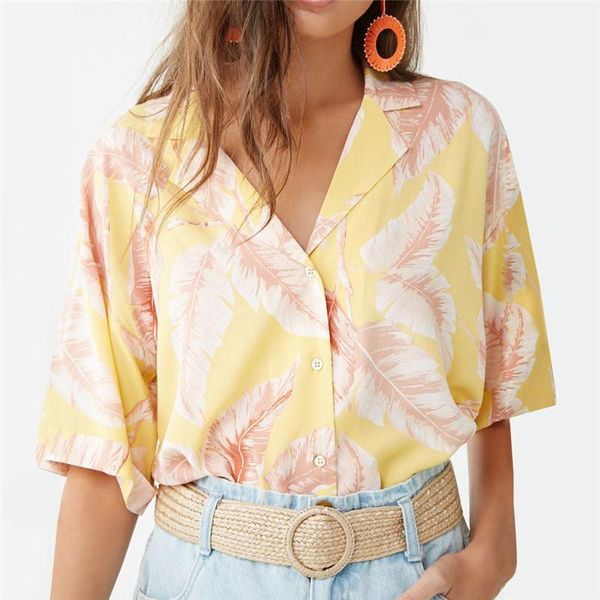 

women's blouses & shirts 2021 summer fashion print short sleeve streewear ladies girls casual loose buttons top, White