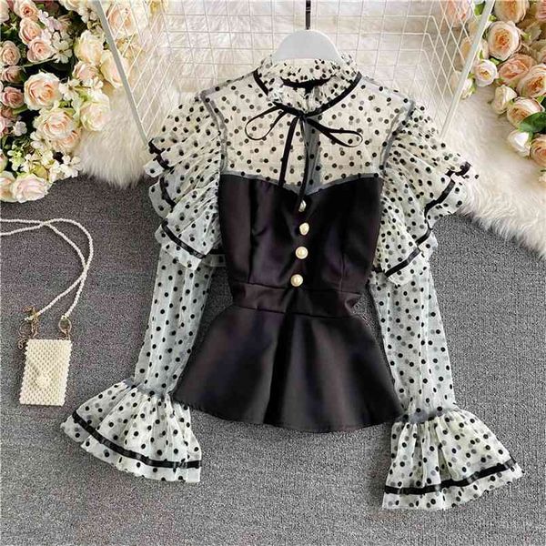 

spring chiffon shirt women wild polka dot mesh ruffled temperament waist flared sleeve uk487 210506, White