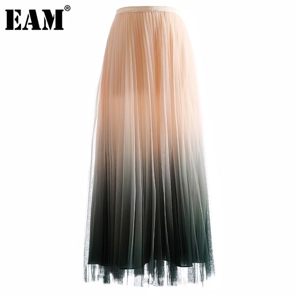 

[eam] high elastic waist apricot gradual color mesh pleated half-body skirt women fashion spring autumn 1dd6413 21512, Black