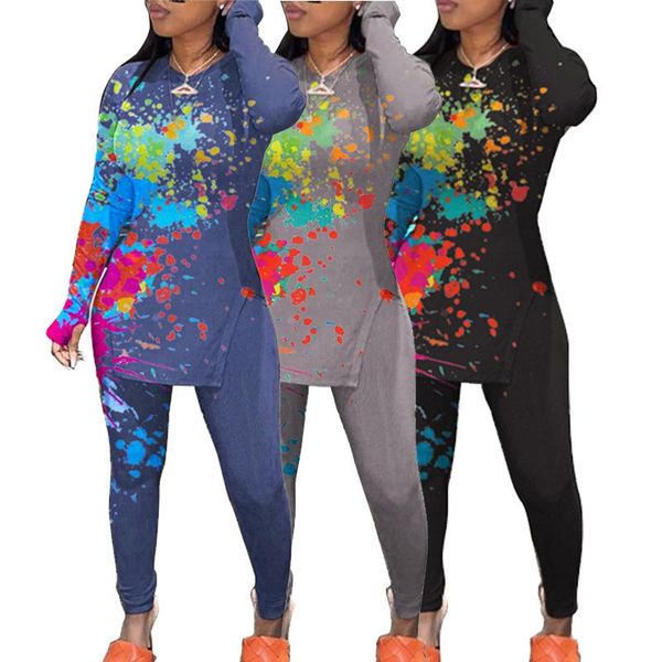 

women's two piece pants women suit long-sleeved round neck split slim-fit pullover blouse high-waist ink-splatter tie-dye trousers spri, White