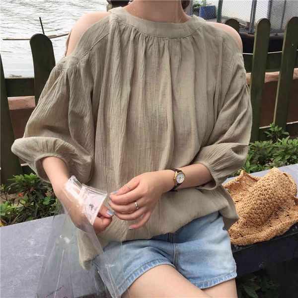 

qoerlin white light green blouse women chic summer new off-shoulder shirt half sleeve loose casual shirt hollow out shirts 210416