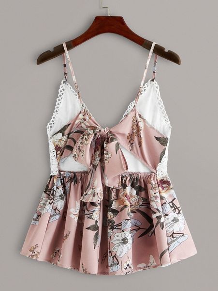 

tie back floral print lace panel cami r9ai#, White