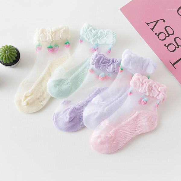 

0-12years 2021 children's summer thin socks transparent glass crystal loose baby 2 4 6 8 strawberry kids girls, Pink;yellow