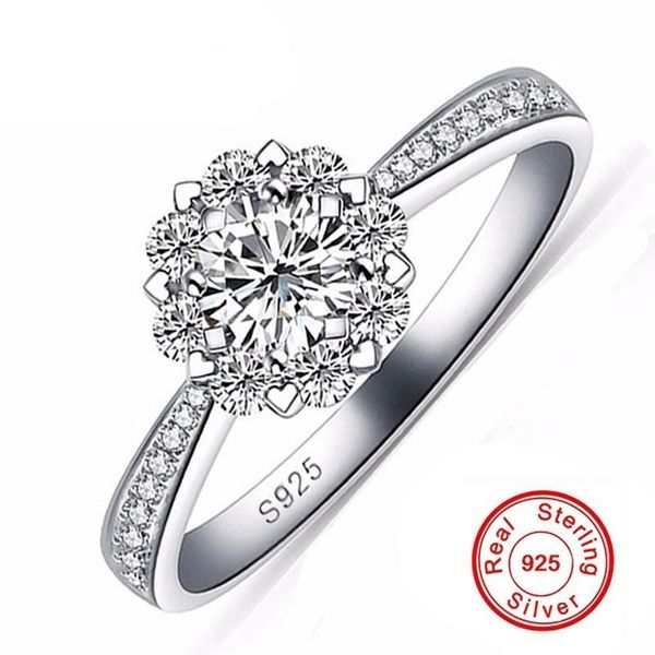 

cluster rings solid silver 1ct round diamond engagement ring finger jewelry 925 sterling wedding flower for women, Golden;silver