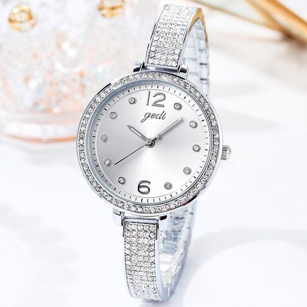 

wristwatches women 2021 gedi fashion casual gift watches rhinestone stainless watch lady slender wristwatch, Slivery;brown