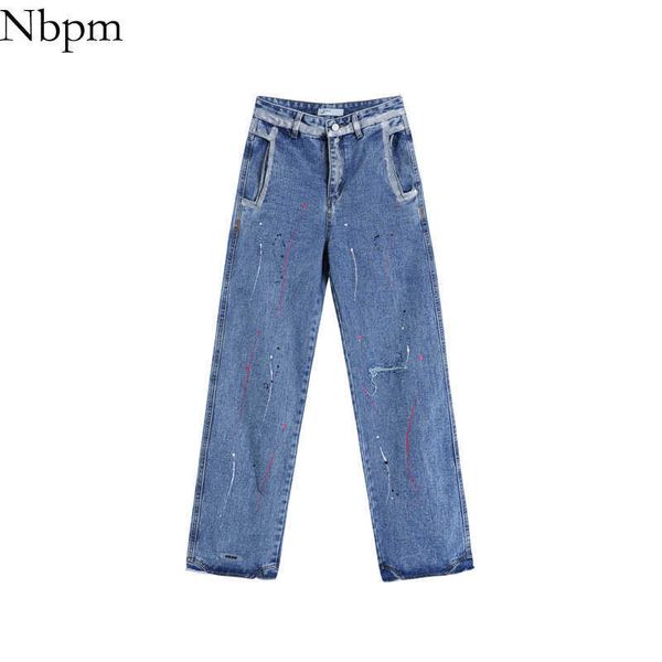 

nbpm women retro fashion paint point design lrregular pocket denim pants hole ripped woman jeans high waist loose 210529, Blue