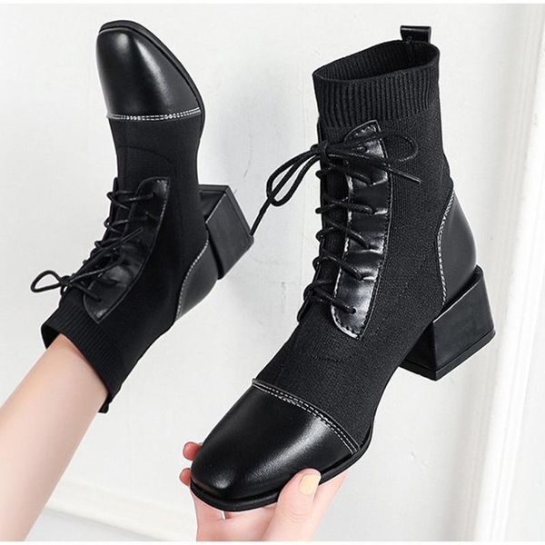 

boots knitted lace up squre toe chunky heels fashion woman boot 2021 female drop women sock ankle ladies pumps shoes, Black