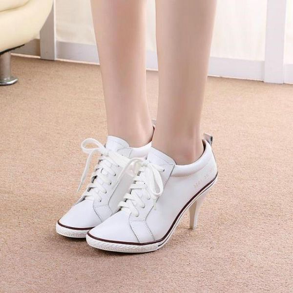 

dress shoes genuine leather high-heeled casual female 2021 fashion white thin heels sneakers lacing round toe single shoe big size 34-42 wom, Black
