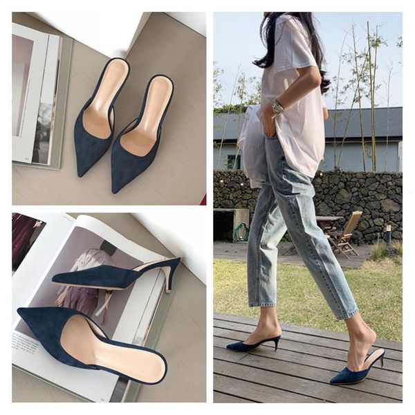 

slippers flock stiletto high heels closed toe mules lady shallow mouth slides concise pointed outdoor pantufa women, Black