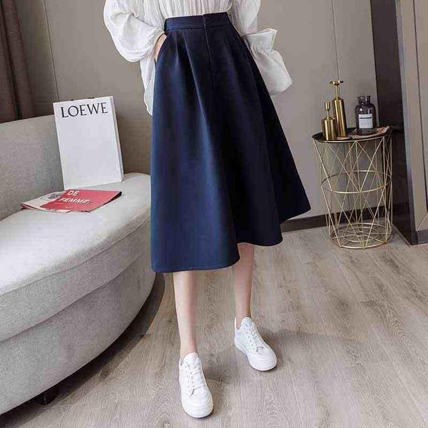 

skirts 2021 spring autumn a-line mid-length skirt high waist plus size solid color jupe feme elegant vintage womens aq016, Black