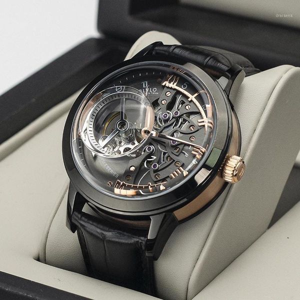 

designer fashion men mechanical watches genuine leather strap black steel skeleton dial automatic self-wind wristwatches, Slivery;brown