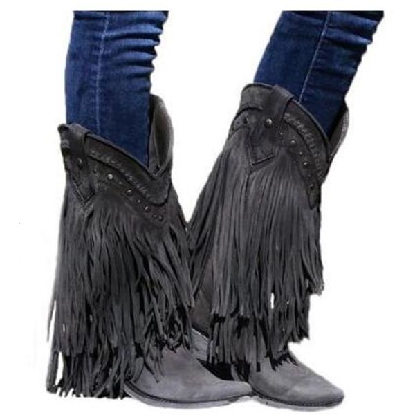 

boot female mid-calf heels down fringe cowboy boots spring-fall women's shoes free, Black