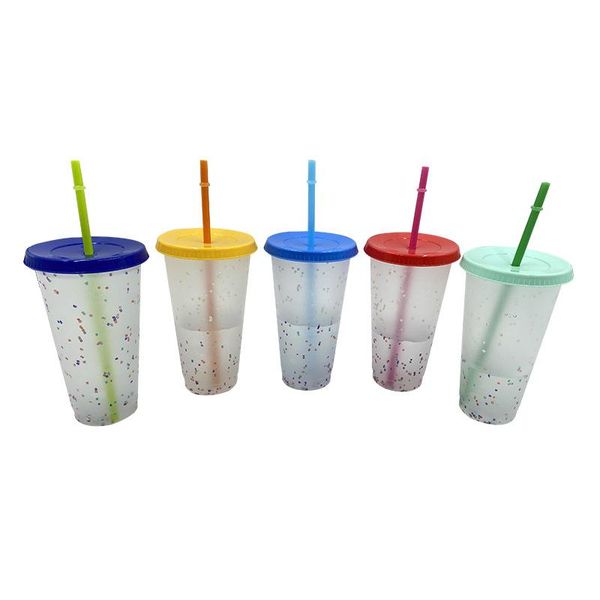 

mugs 5pcs confetti plastic coffee mug color changing cup water temperature sensing straw kitchen supplies