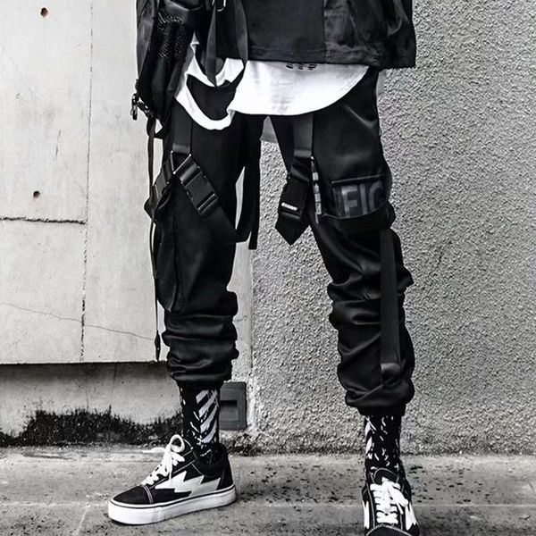 

men's pants 2021 joggers cargo for men casual hip hop hit color pocket male trousers sweatpants streetwear ribbons techwear, Black