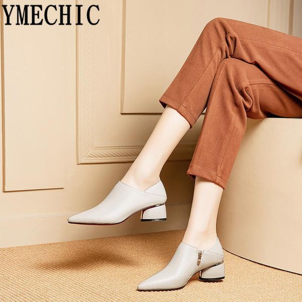 

dress shoes ymechic 2021 round heel real leather women ladies zipper office elegant beige black womens high pumps plus size