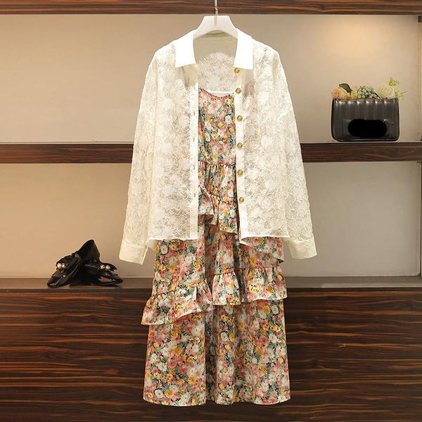 

summer plus size 4xl suit 2 piece set women single-breasted sunscreen shirt + floral chiffon strap dress two, White