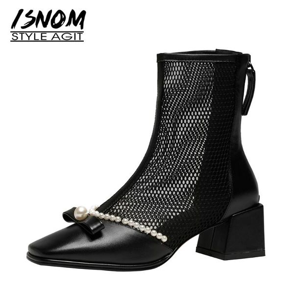 

women pearl bowtie boots sandals genuine leather mesh thick heels square toe zip up shoes cozy summer, Black