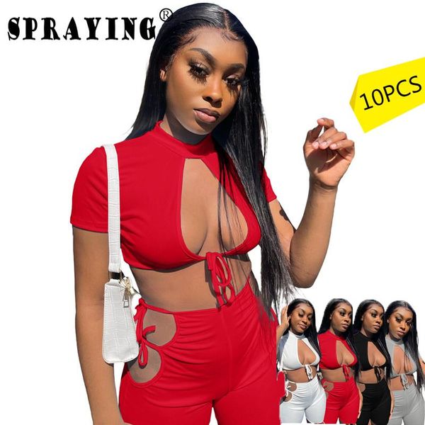 

women's tracksuits bulk items wholesale lots women two piece set tracksuit hollow out short sleeve crop shorts casual lounge wear s, Gray