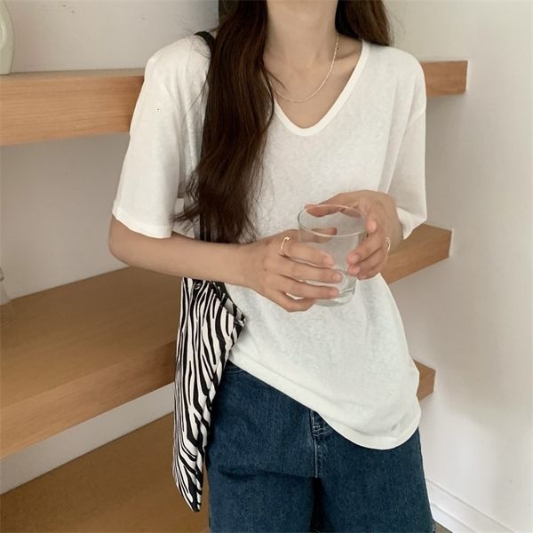 

women's t-shirt solid fashion chic loose brief v-neck short-sleeved 2021 basewear summer casual tee gentle t-shirts eiw6, White