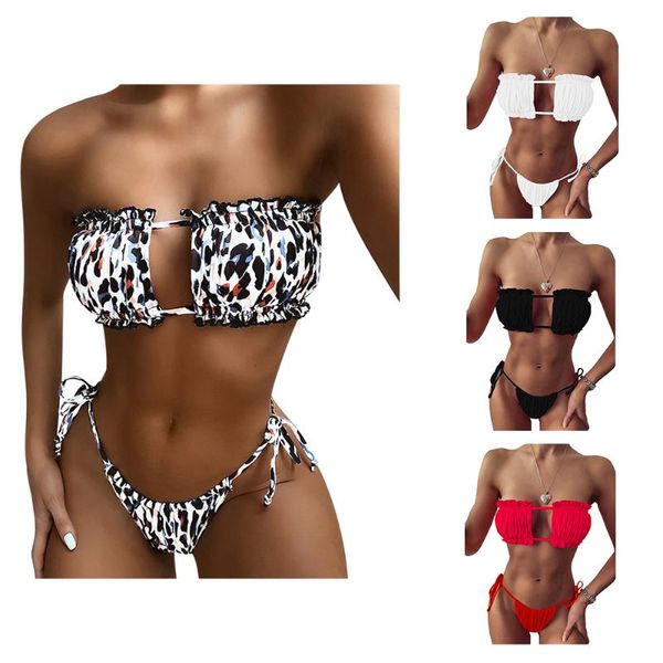 

women's swimwear women 2 piece thong bikini set pleated bandeau tie up strapless swimsuit ladies summer pool bathing suit beach, White;black