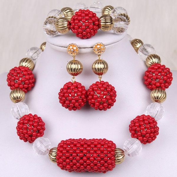 Brincos Colar 4ujewelry Coral Red Grânulos Africano Jóias Conjuntos de Jóias Acrílicas Nigerian Wedding Ouro Dubai Set Handmade Alta Qualidade