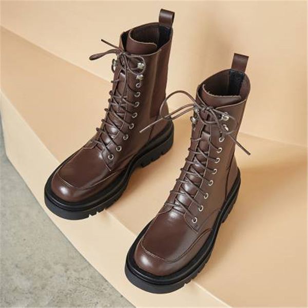 

winter women's shoes genuine leather women shoes lace-up genuine leather boots womens boots 210507, Black