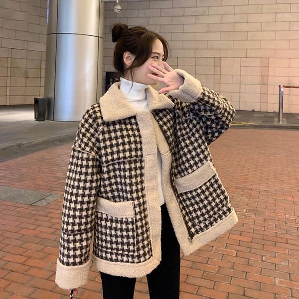 

women's wool & blends jacket women coat plaid for autumn and winter loose outer wear veste manteau femme, Black