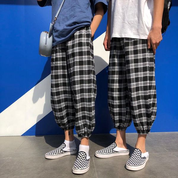 

summer plaid pants men's fashion retro casual men streetwear wild straight wide leg loose couple s-2xl, Black